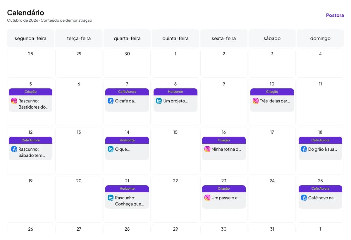 Calendário real do Postora com publicações fictícias de uma criadora, do Café Aurora e da Agência Horizonte.