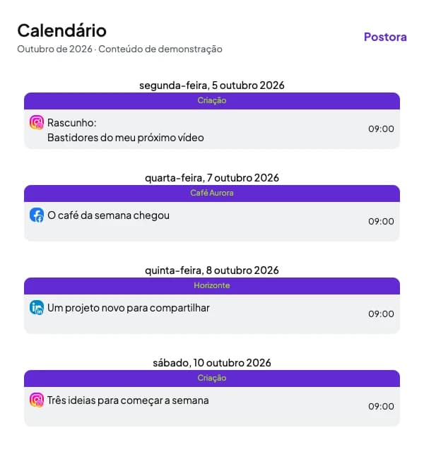 Calendário real do Postora na visualização de lista, com rascunhos e posts agendados para uma criadora, o Café Aurora e a Agência Horizonte.